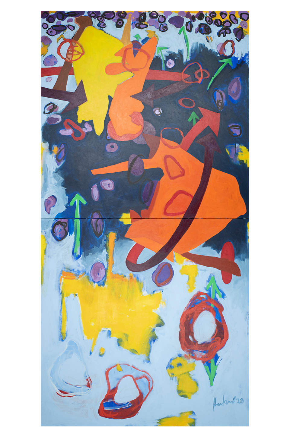 Bold abstract colors and shapes in orange, yellow, red, purple, and green are painted on a pale blue background on two stacked panels. A dark purplish field bleeds in on the right side of the top panel.
