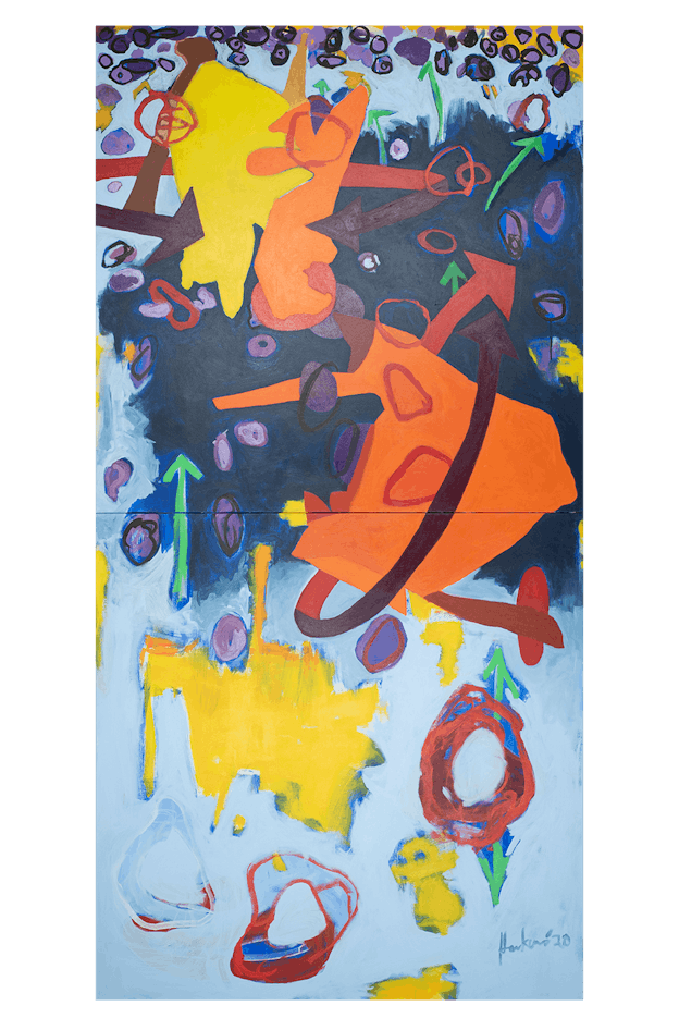 Bold abstract colors and shapes in orange, yellow, red, purple, and green are painted on a pale blue background on two stacked panels. A dark purplish field bleeds in on the right side of the top panel.
