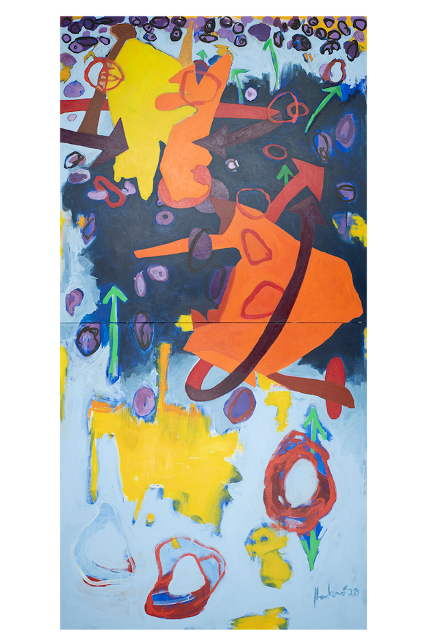 Bold abstract colors and shapes in orange, yellow, red, purple, and green are painted on a pale blue background on two stacked panels. A dark purplish field bleeds in on the right side of the top panel.