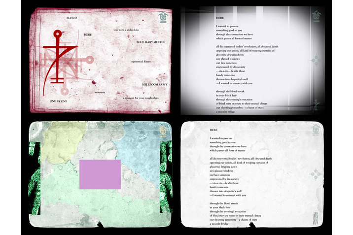 Four squared geometrical images. The top left in a patterned red color and the bottom left a mix of aquamarine, gray and yellow center a smaller lilac square. On the top and bottom right, two squares have black inked letters on a white background in a vertical manner.