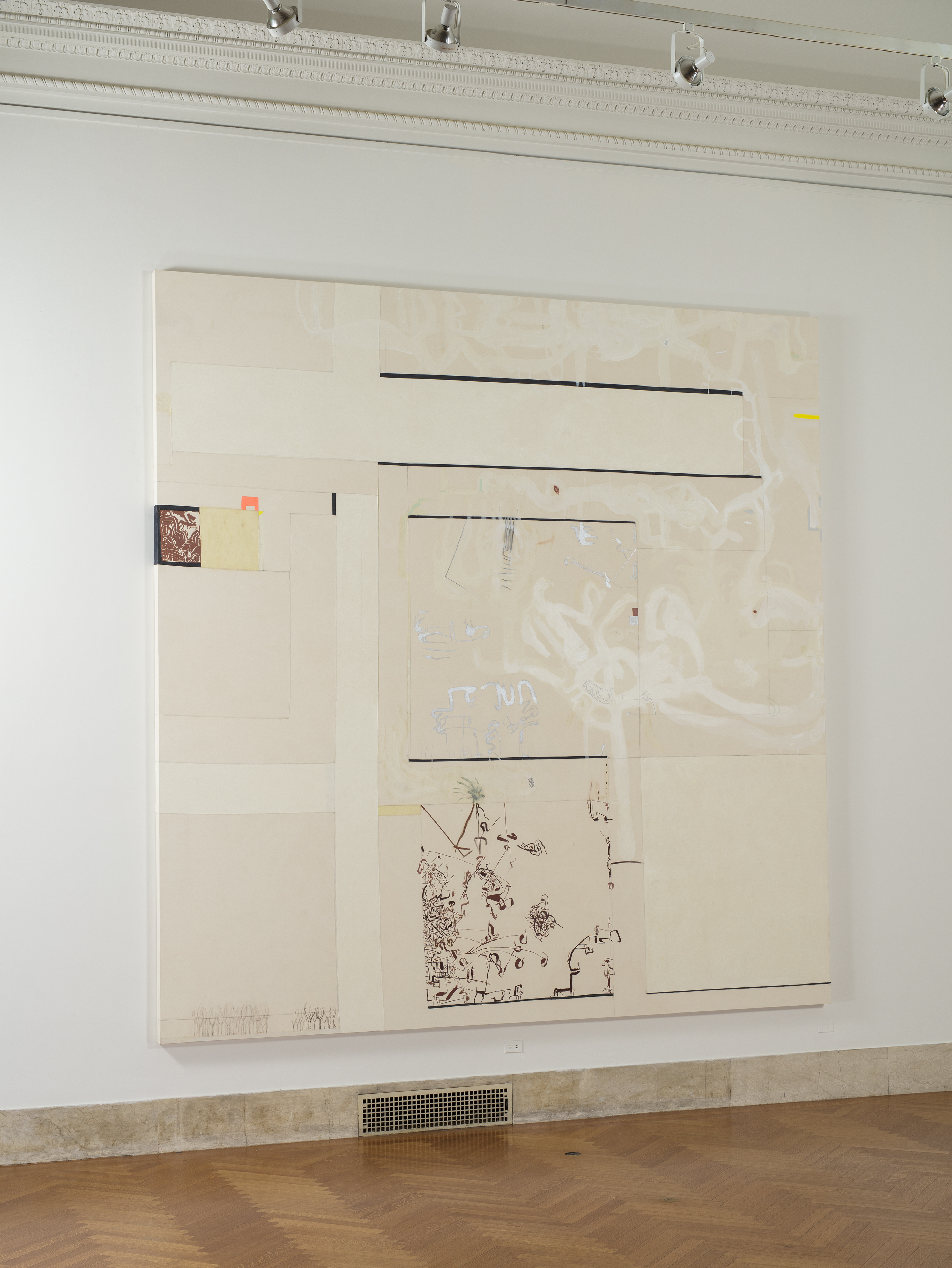 An abstract artwork hangs from a white wall. The canvas is divided into a few squares. On the bottom third, in the middle, there are small black thin-line drawings. In the middle third, on the left, there is a pale yellow square, a small neon orange arch, and a burgundy textured square. There are also thick white looping lines forming patterns in this third. In the top third, there are two long thick black lines. 