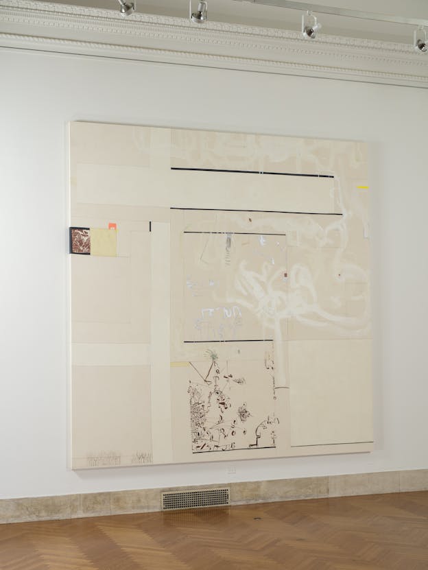 An abstract artwork hangs from a white wall. The canvas is divided into a few squares. On the bottom third, in the middle, there are small black thin-line drawings. In the middle third, on the left, there is a pale yellow square, a small neon orange arch, and a burgundy textured square. There are also thick white looping lines forming patterns in this third. In the top third, there are two long thick black lines. 