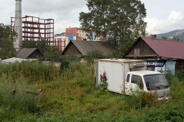 Purple flowers grow along the side of an abandoned freight truck in an overgrown lot. In the background are three wooden shacks, two multi-storey buildings, and a building being constructed.