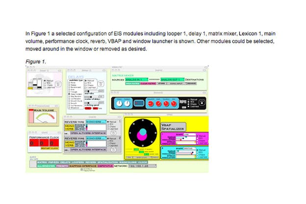 Multi-colored depiction of a selected configuration of EIS modules with dials, clocks, and rectangular windows displaying information regarding volume, reverb types, and delays.