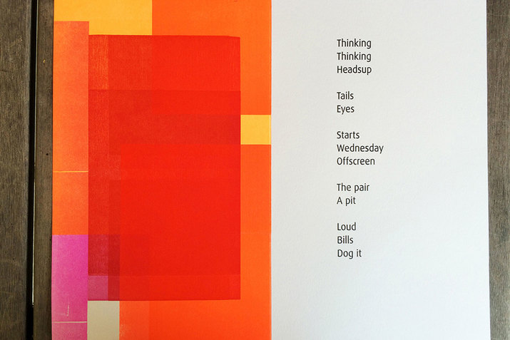 A page divided in two with the left side bearing a collage of red, orange, and pink rectangles and the right side a poem that reads: 