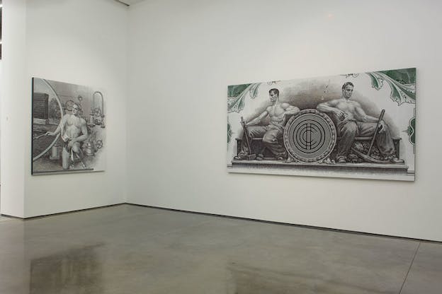 Installation view of a large canvas depicting two black and white statuesque bare-chested men sitting on a bench with a scythe and hammer in their hands and their elbows resting on a circle filled with intersecting c-shapes. On the adjacent wall a scarcely-clad male figure kneels in front of pressure gauges and pipes. 