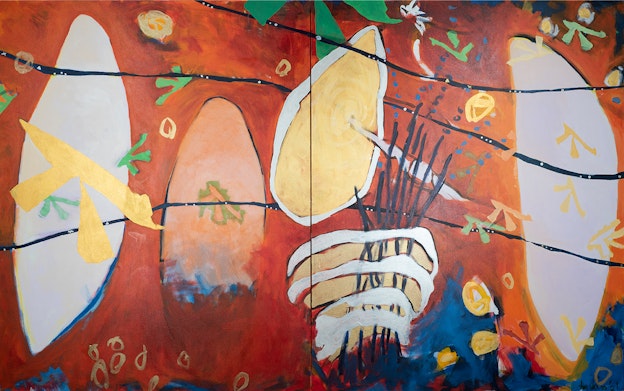 Large ovular shapes in shades of white, tan, and orange are painted on top a field of red/orange on two panels hung side-by-side. Abstract gestures and shapes are suspended or float throughout the piece. Reed-like lines reach upward from the bottom right panel next to thick strokes of blue.