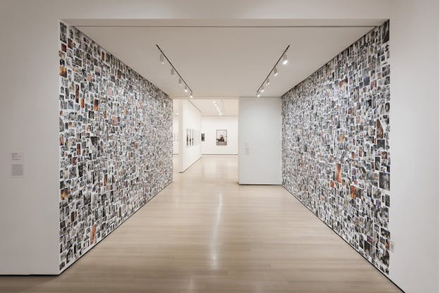 A gallery hall with beige wooden floors. On each side of the hallway collages of pictures cover the whole walls and deeper in the center at the end of the hallway, framed artworks. 