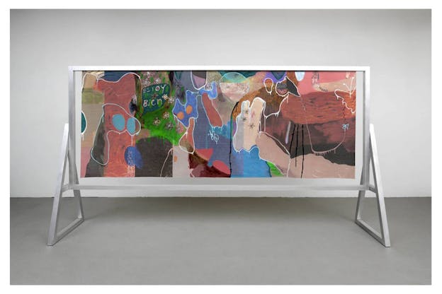 An abstract painting of various earthly and sky colors consists of outlines of flowers and butterflies. On the left side in a speaking bubble is typed the phase 