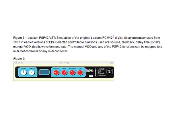 Multi-colored depiction of a selected configuration of EIS modules with dials, clocks, and rectangular windows displaying information regarding volume, reverb types, and delays.