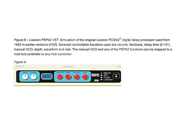 Multi-colored depiction of a selected configuration of EIS modules with dials, clocks, and rectangular windows displaying information regarding volume, reverb types, and delays.