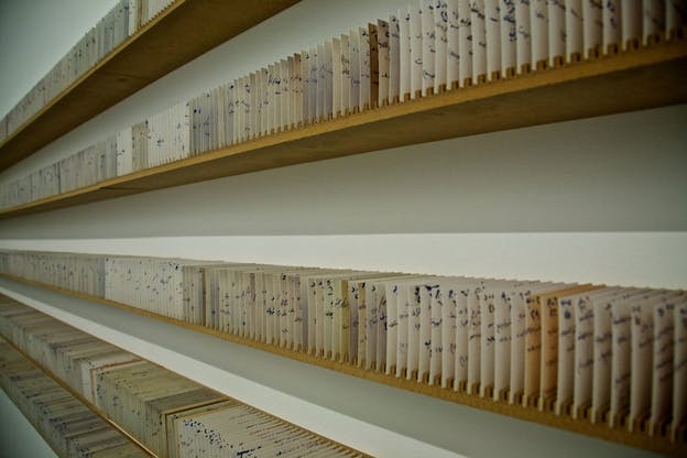 Close-up of a white wall with rows of long wooden shelves hosting thin white cards with blue writing. 