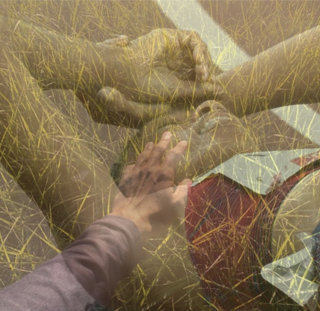A photo collage made of multiple layered photos at partial opacity. One image is a closeup shot of an athlete laying down on a racing track, their arms raised, hands folded over their forehead, and their eyes are closed as they breathe through their mouth. Layered with this image is a closeup of grass, as well as a smaller, clothed arm that reaches out and touches the athlete's cheek. 