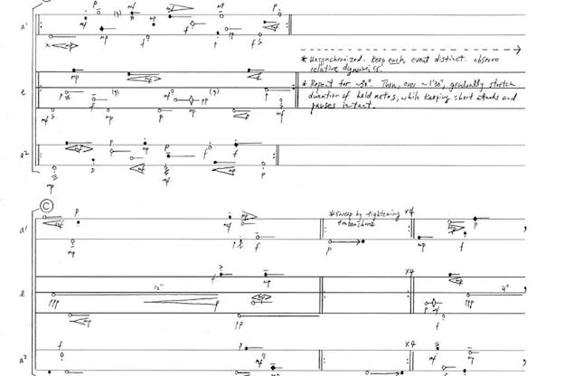 Black and white image of a note-marked handwritten score