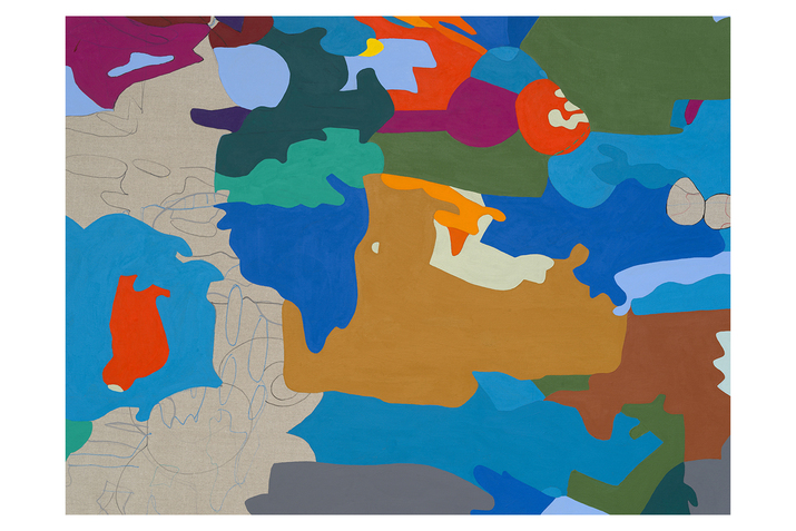 An abstract painting with colors of blue, red, green and yellow creates fluid shapes interlocking with one another.