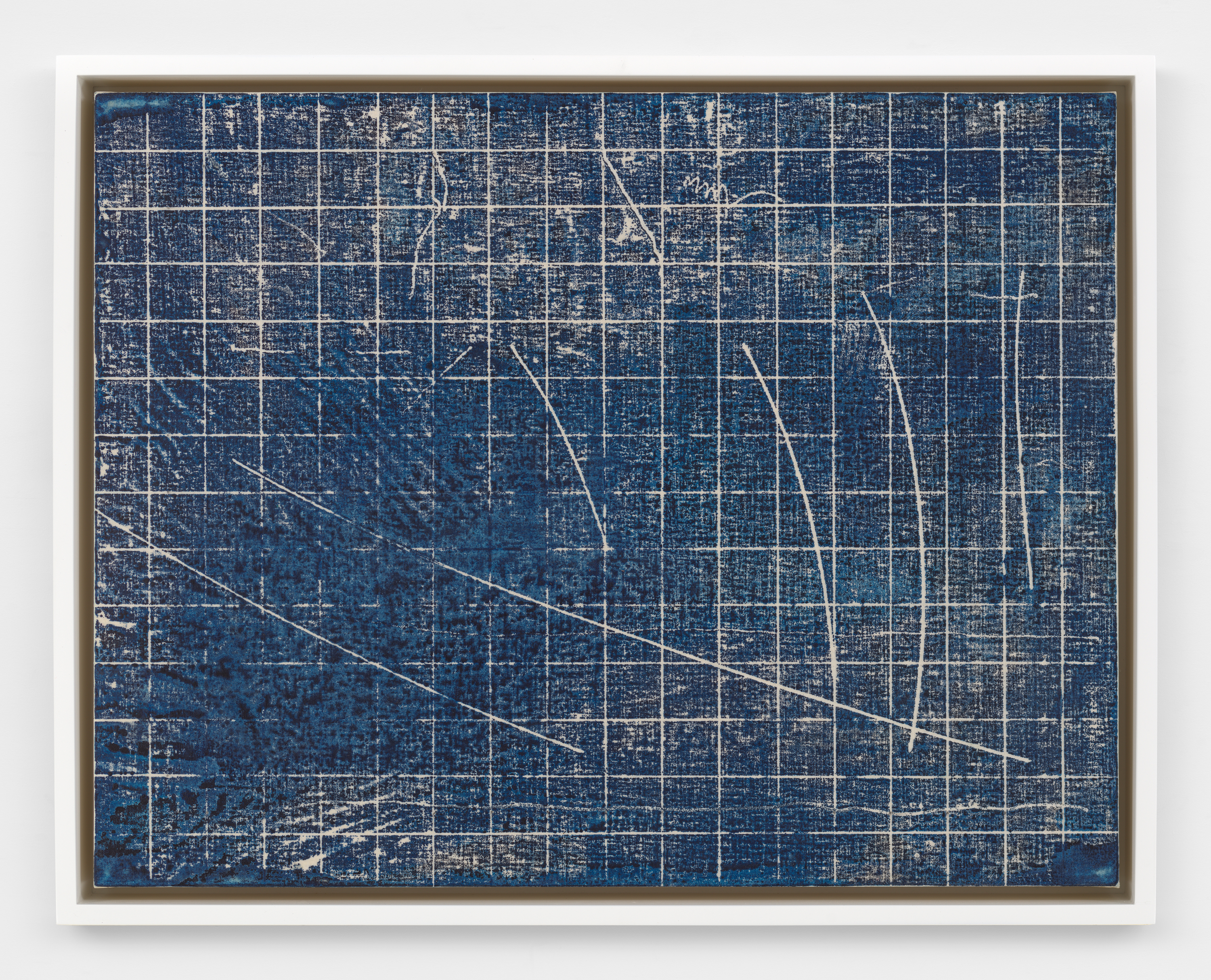 A framed two-dimensional work depicting a grid of white lines against a deep indigo, distressed background. White lines and scratches run across the surface of the print, disrupting the grid pattern.