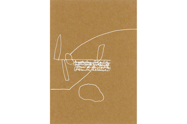 A cork brown background hosts on top white lines in geometrical and abstract shapes.  