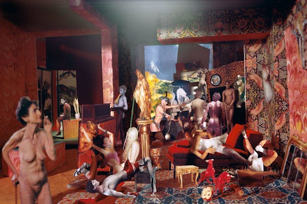Collage of nude figures in erotic positions in a surreal, red-toned lounge plastered with leopard-print and paisley wallpaper and filled with miscellaneous objects such as a half-eaten apple.