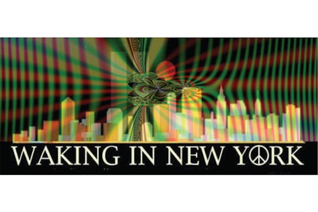 New York City skyline in bright cream yellow colors covered by a psychadelic spiraling and arrangement of alligator green and translucent red intersecting lines with a green and black abstract shape in the center. Across the bottom are the words: 