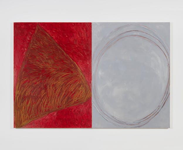 A split painting with a red background and brown triangle on the left, and a gray multi-ringed circle with a cloudy white background on the right. Long, textured brushstrokes are visible on the left side of the painting.