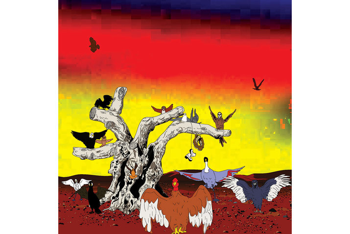 An image of a grey bare tree with numerous birds on top of it. A few other birds are on the red, pebbled ground. The pixelated sky is yellow towards the ground, then red, and blue at the top of the image. 