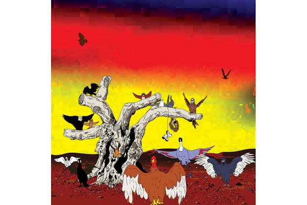 An image of a grey bare tree with numerous birds on top of it. A few other birds are on the red, pebbled ground. The pixelated sky is yellow towards the ground, then red, and blue at the top of the image. 