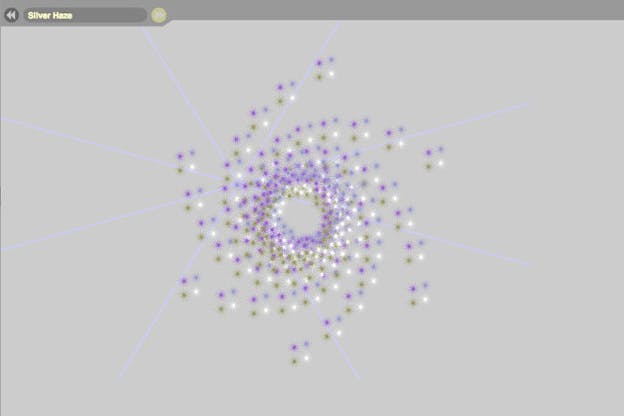 An image of green, white, and purple dots forming a cluster against a grey background. The cluster is open in the center and has curved lines of dots emanating from it. Text on the upper left hand corner reads: 