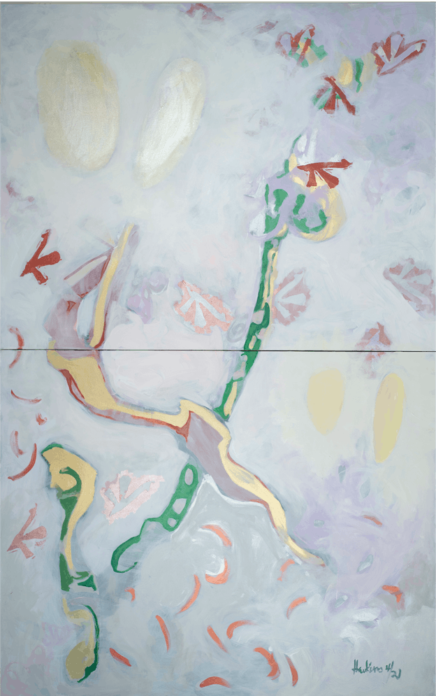 Abstract shapes of green, pale yellow, orange, pink, and burnt umber are painted on top of a pale, cloud-like white/blue/lavender background on two stacked panels.
