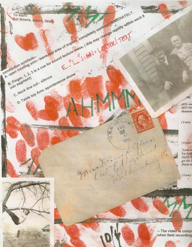 Collage of a handwritten envelope, two black and white vintage photographs, conduction symbol instructions, and 