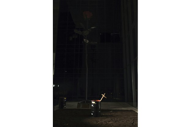 Photograph of a black trash can at night with a wooden cross sticking out of it. Behind it, there is a thin tree. 