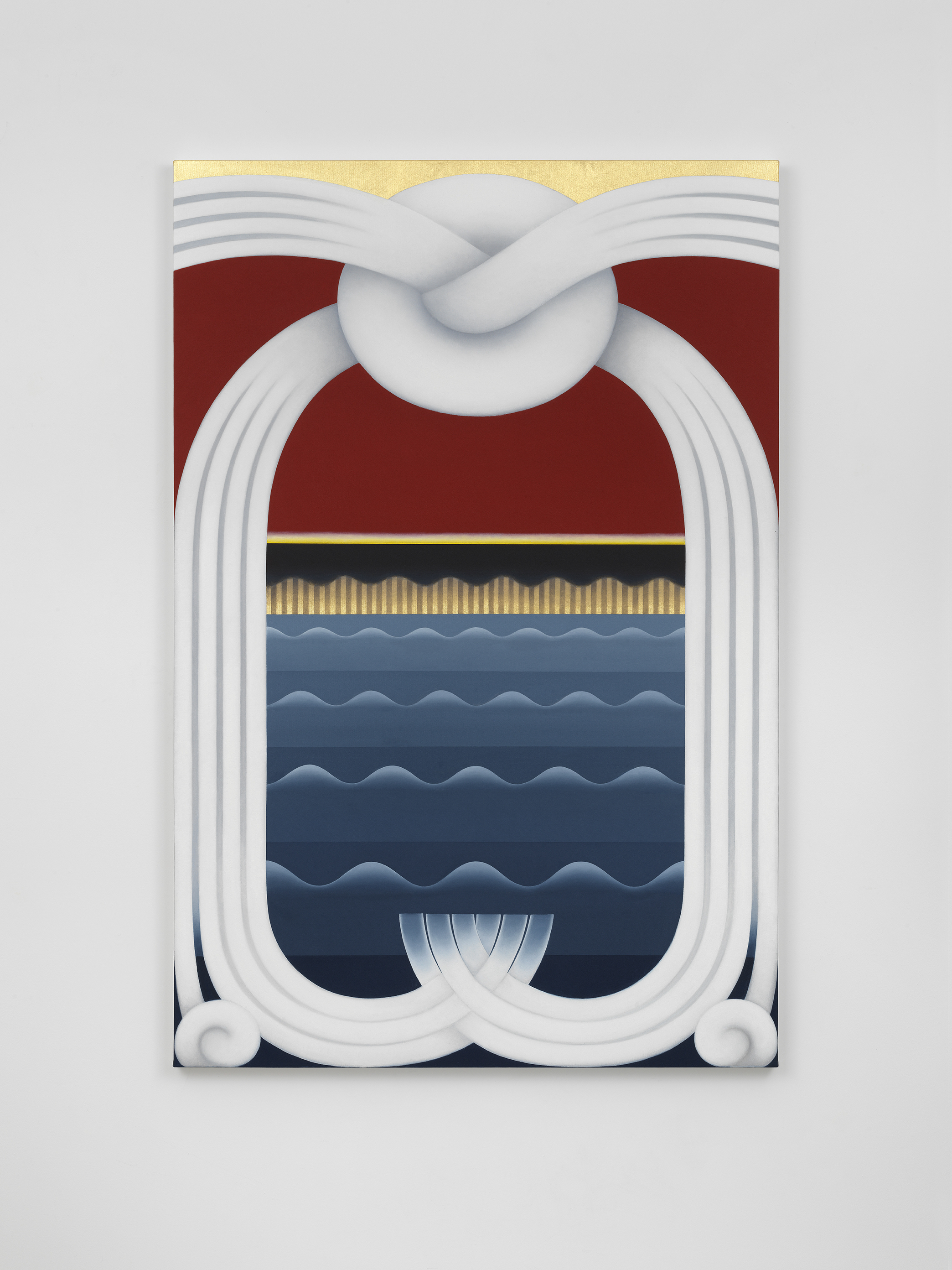 A bilaterally symmetrical oil painting of two white ropes that begin in the upper corners, cross near the top, and run down the sides to cross and interweave with one another at the bottom center of the image. The bottom half of the background has a blue wave motif painted. The upper half of the background is composed of thinner stripes of black, yellow, white, and gold, followed by a thick band of red and then gold. 