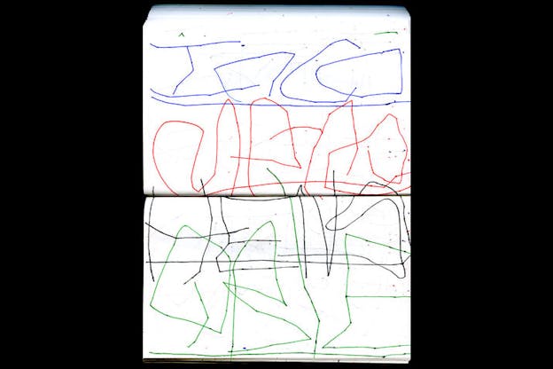 Red, black, green, and blue thin, scratch-like drawings mark illegible words across two vertical white journal sheets.