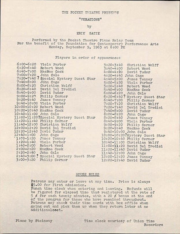 A cream-beige colored paper with black typed letters. A title reads at the top followed by two columns listing names of performers.
