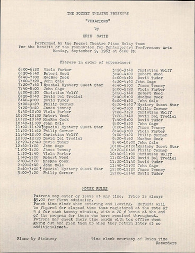 A cream-beige colored paper with black typed letters. A title reads at the top followed by two columns listing names of performers.
