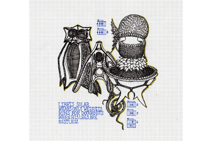 An intricate abstract pen drawing in black with yellow shading. In blue, it says 