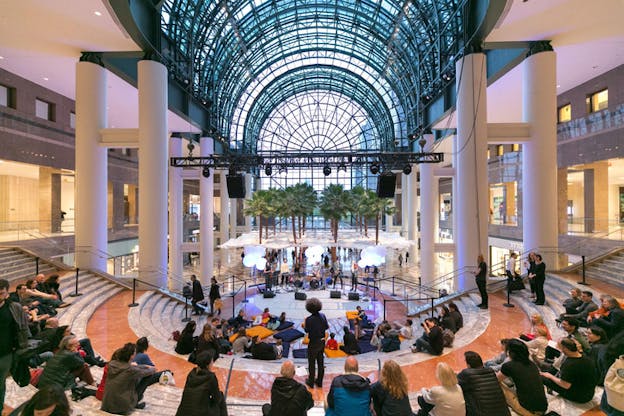 An audience with their backs towards the viewer seated on various levels of stairs surround a standing performer in the midst of them. The performer has colorful threads interwoven in their fingers that are connected facing them to the instruments a band holds. Behind the band, rows of palm trees sit in the middle of a shopping mall, with a glass dome above.