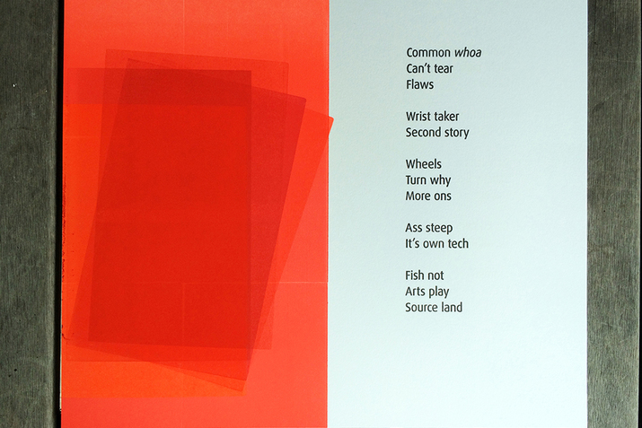 Page divided in two with the left side bearing superimposed semi-transparent orange rectangles beside a poem typed on seafoam coloring that reads: 