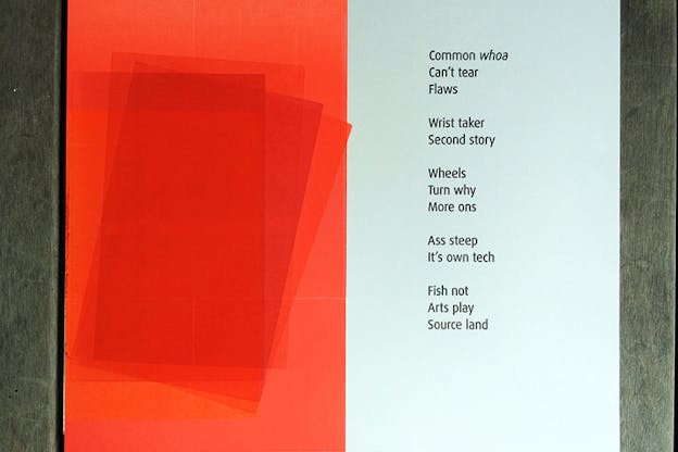 Page divided in two with the left side bearing superimposed semi-transparent orange rectangles beside a poem typed on seafoam coloring that reads: 