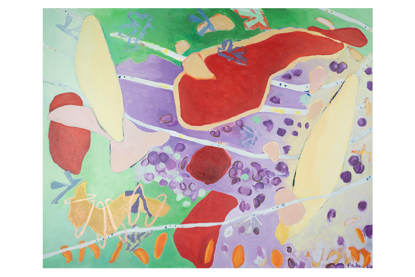 Abstract organic shapes of yellow and red are painted on top of a green and purple background, with lines of blue and colored dots throughout.