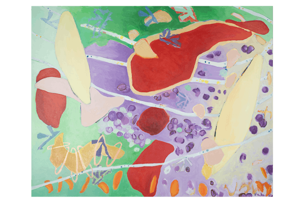 Abstract organic shapes of yellow and red are painted on top of a green and purple background, with lines of blue and colored dots throughout.