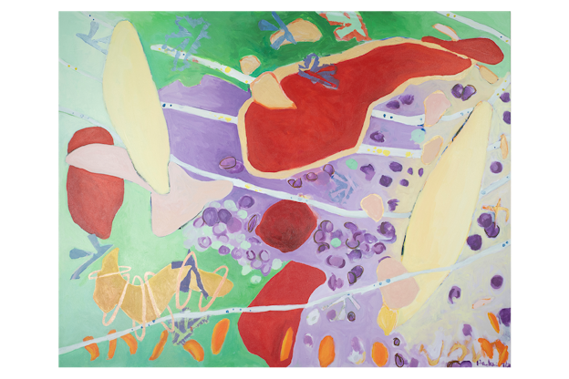 Abstract organic shapes of yellow and red are painted on top of a green and purple background, with lines of blue and colored dots throughout.
