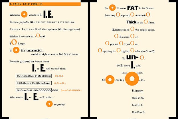 Pale salmon color inscribed with black text and symmetrical orange circles in-between the text.