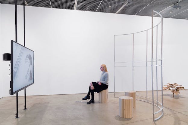 A smiling person sits on a wooden stool and watches a mounted screen displaying an image of a dog. Behind them, a metal frame separates them from a small bronze leafy plant sculpture.