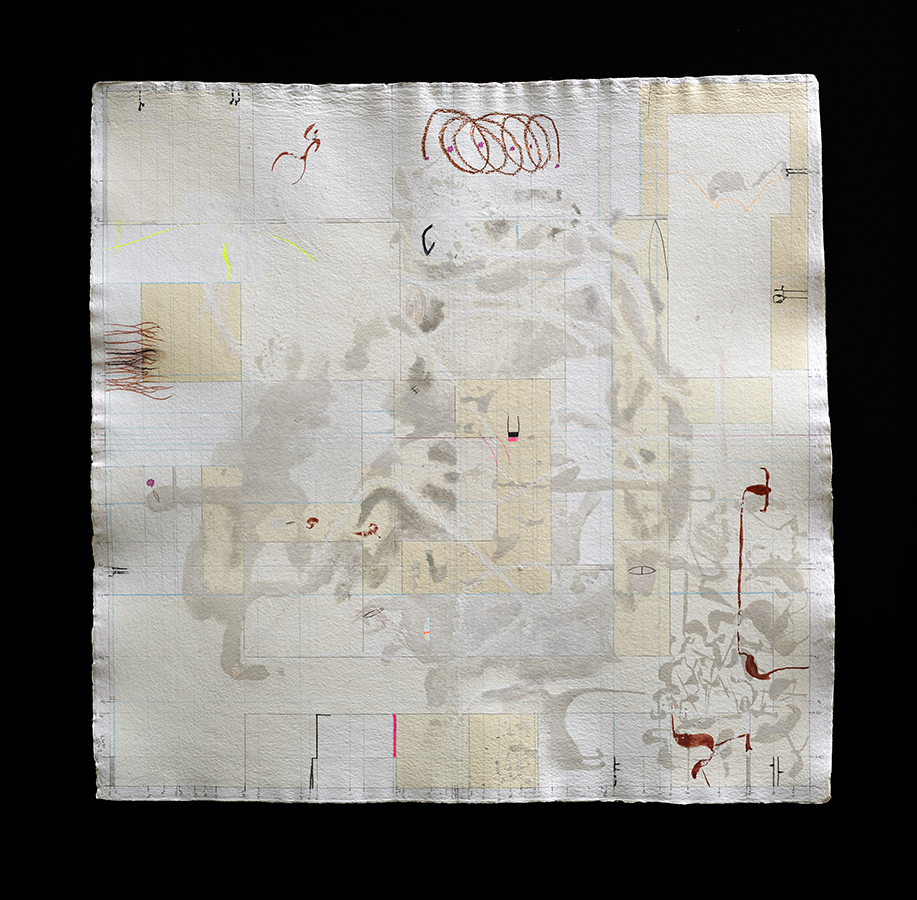 An abstract artwork with a pencil grid and a few shapes filled in with light yellow. A few small shapes of red populate the lower right corner of the work. On the top of the work there is a red spiral. 