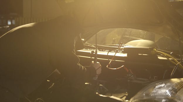 On the left side of the frame, Nathan Young is visible from the hips up and wears a dark hoodie and a baseball cap. He leans over the open hood of a car with his back to the camera, washed in yellow light. He holds a microphone vertically in his right hand, pointed downward to capture sound emitted by the car's engine.