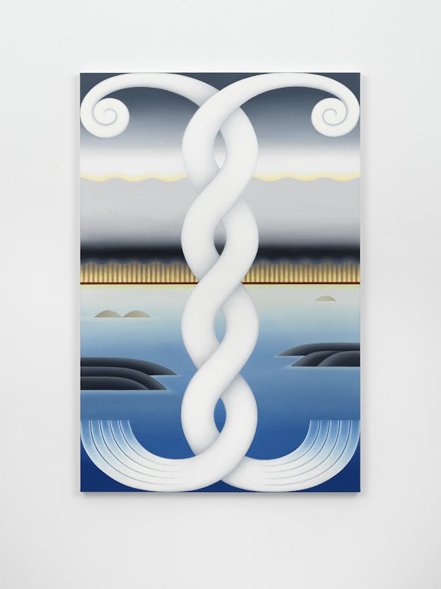 An abstract oil painting composed of primarily whites, greys, and blue, with small amounts of yellow. Two thick white forms spiral in the top corners and meet in the center top, twisting around each other to form a helix that runs the vertical length of the painting. The bottom half of the background resembles a body of water in a gradient of blues with rounded gray shapes resembling land breaking the surface of the water. The upper half of the background is stripes of yellow, gray, and navy, followed by a gradient of dark grey, blue, and white.
