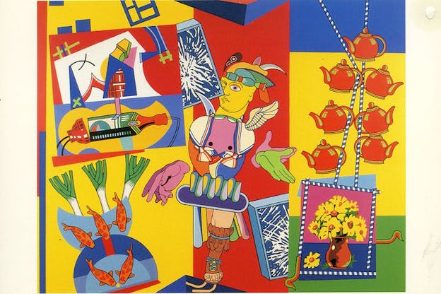 Collage of solid colors of red, blue and yellow. Objects such as leeks, fish, teapots, feathered wings and a statue head can be found scattered around.