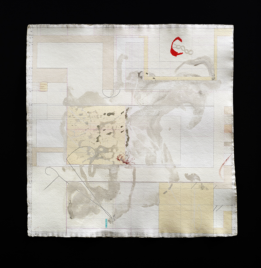 An abstract artwork with a pencil grid and shapes filled in with light yellow and light grey. In the upper right hand corner there is a small sideways red arch. Light grey abstract shapes populate the center of the canvas.  