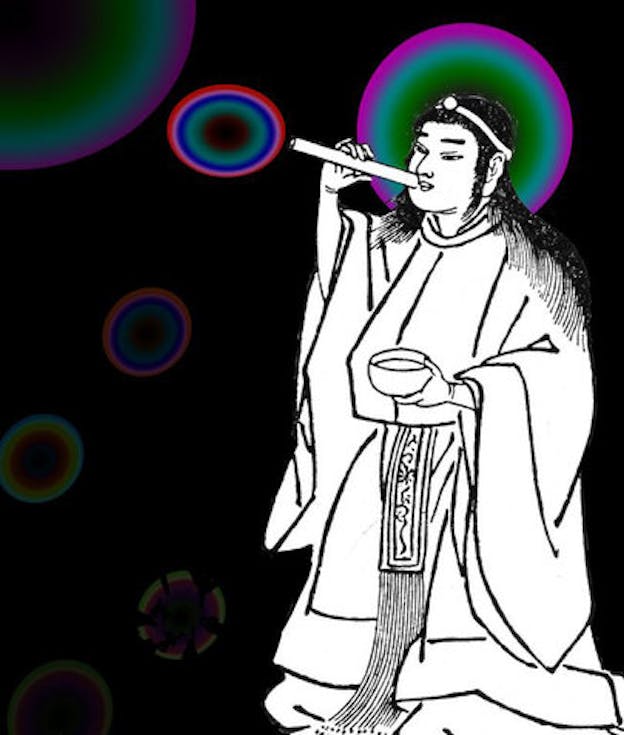A monochromatic line drawing of a Japanese ancient figure collaged onto a black background. They hold a bowl of liquid and blow bubbles towards the upper left side with a tube. The differently sized bubbles are formed with rings of saturated pink, blue, turquoise, green, and black colors.