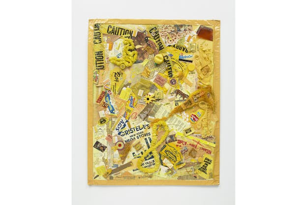 A monochromatic yellow collage, with subjects such as cereal images, flowers, plastic, caution tape and labels.